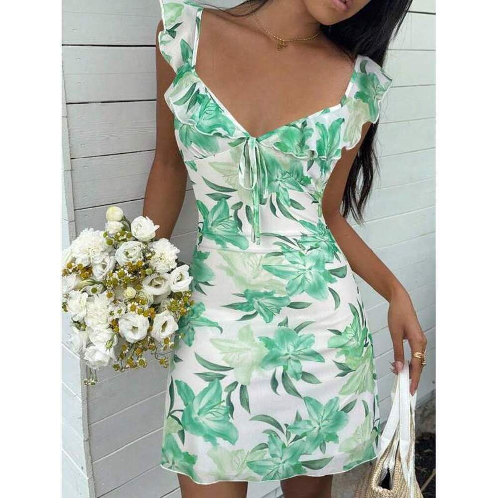 EZwear Green Ditsy Floral Mini Dress, , Bohemian Styl